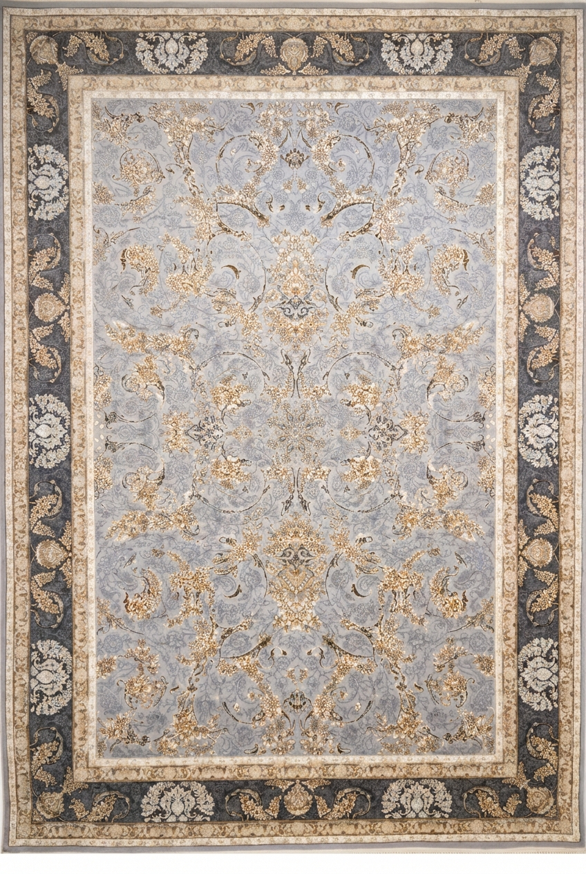 فرش ماشینی ۱۲۰۰ شانه طرح کلاسین آبی روشن (نیلی) و طلایی