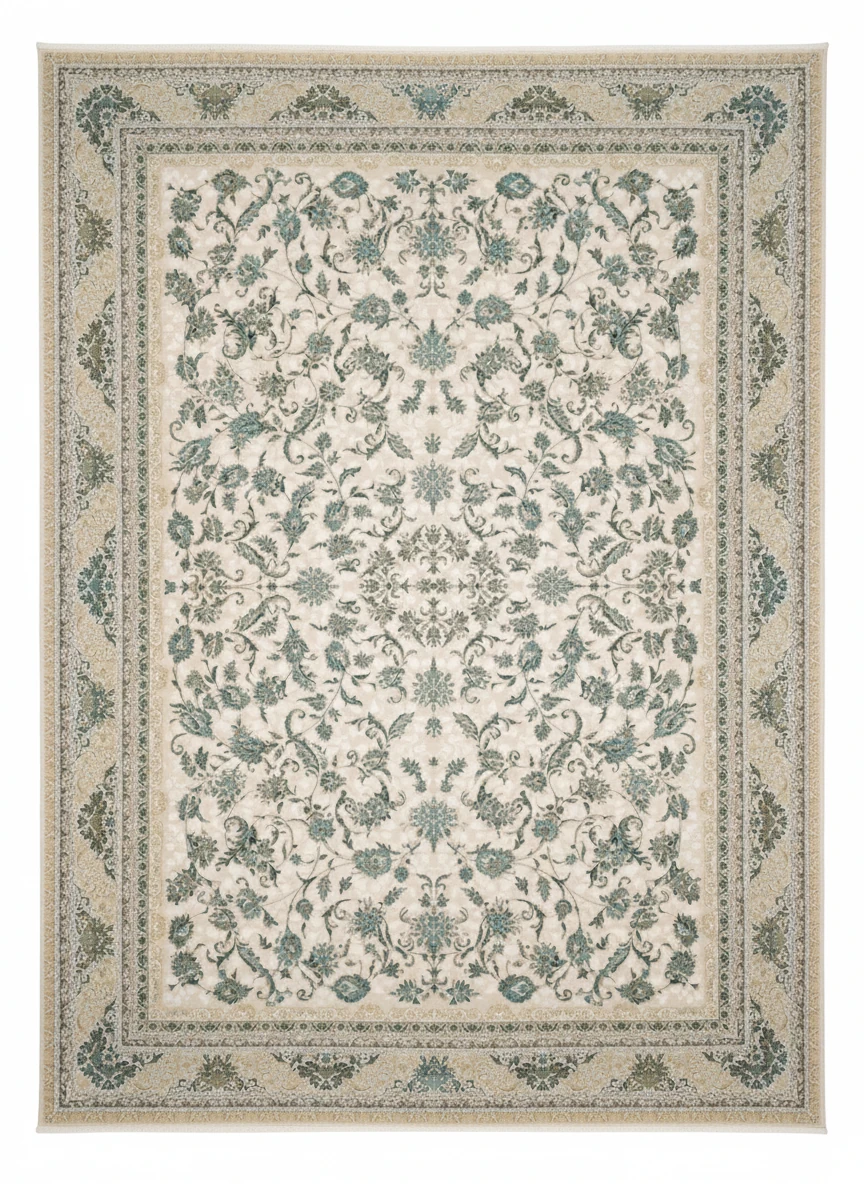 فرش ماشینی ۱۲۰۰ شانه طرح افشان فیروزه‌ای