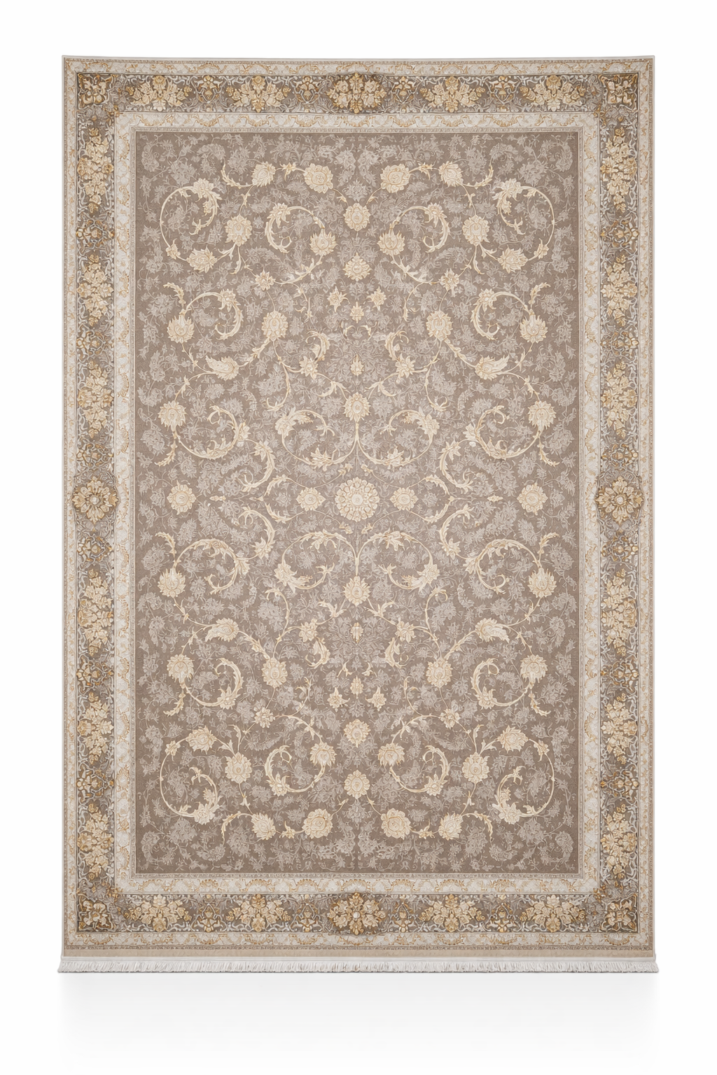 فرش ماشینی ۱۲۰۰ شانه طرح گل‌دار کلاسیک طوسی