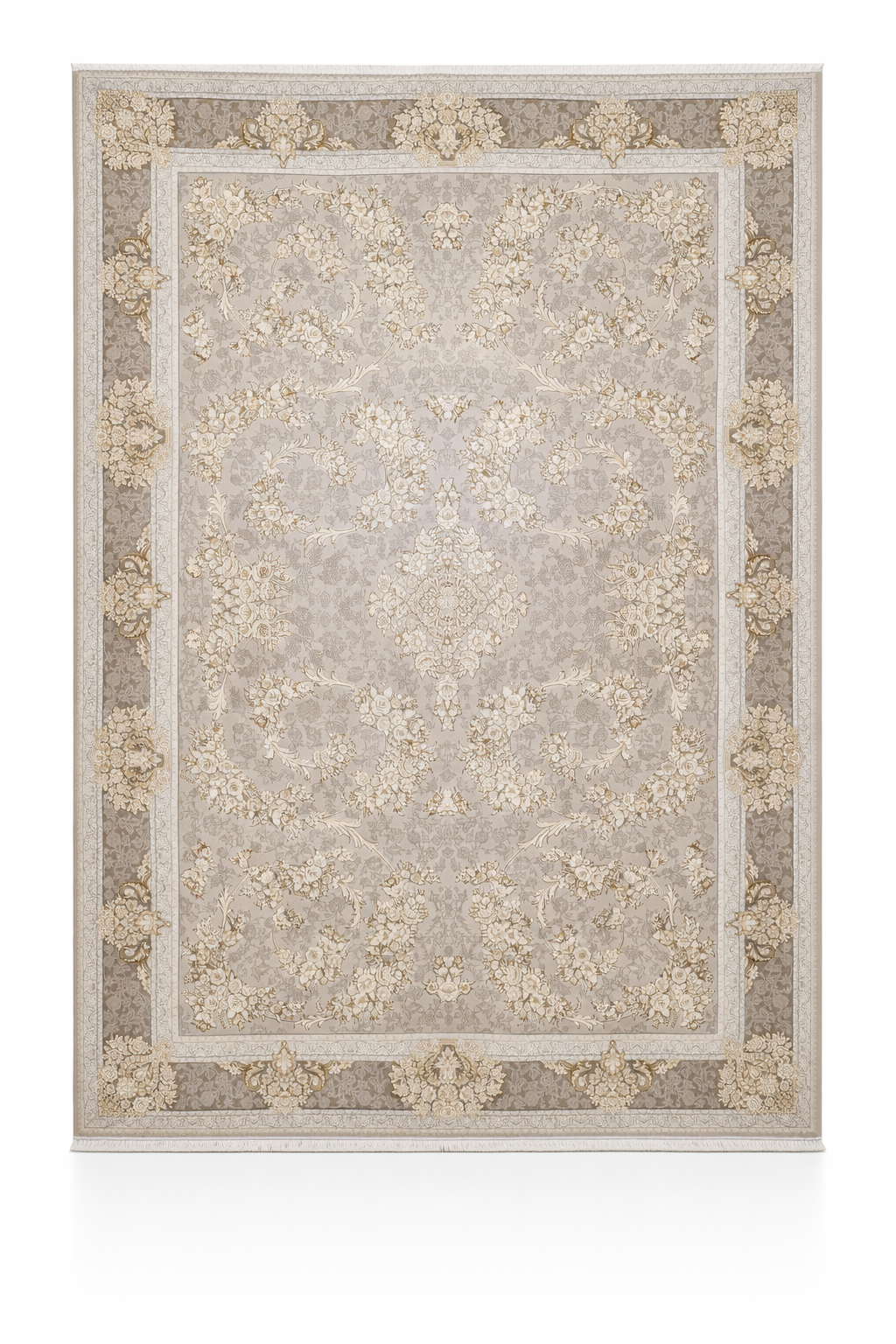 فرش ماشینی ۱۲۰۰ شانه طرح گل‌دار کلاسیک طوسی